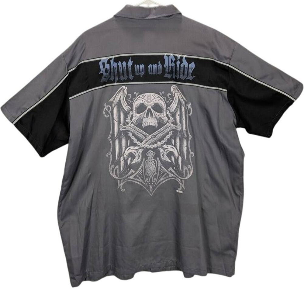 Biker Apparel Shirt Mens 2XL Gray Colorblock Short Sleeve Button Down Skull